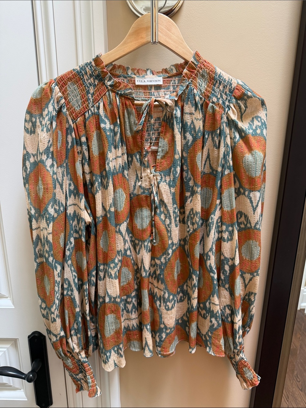 Ulla Johnson Cream Teal and Rust Printed Peasant Blouse